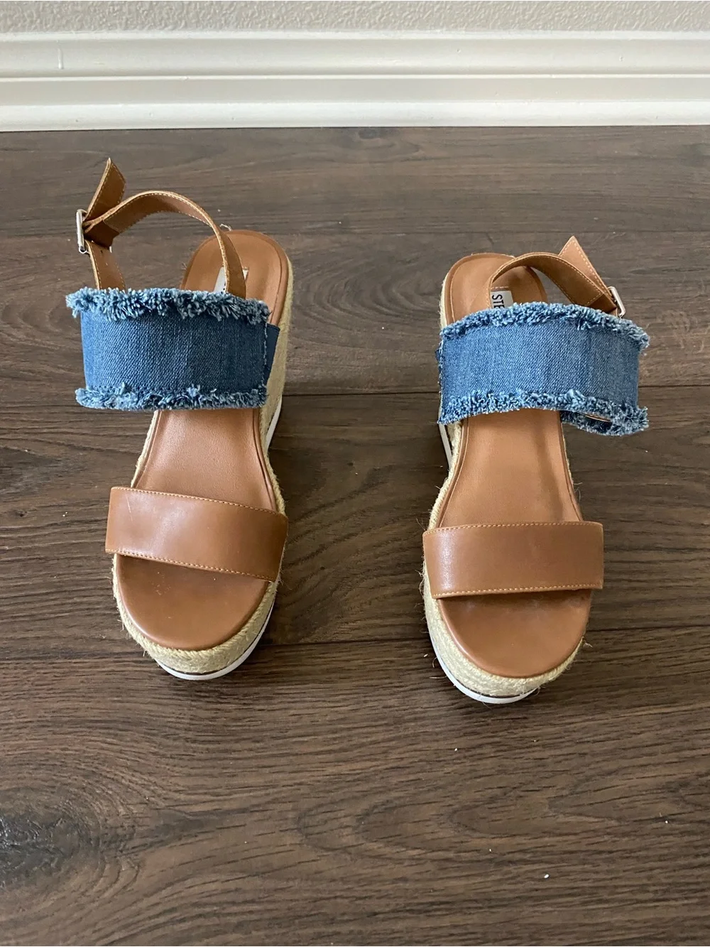 Steve Madden Tan Leather and Blue Denim Espadrille Wedge Sandals